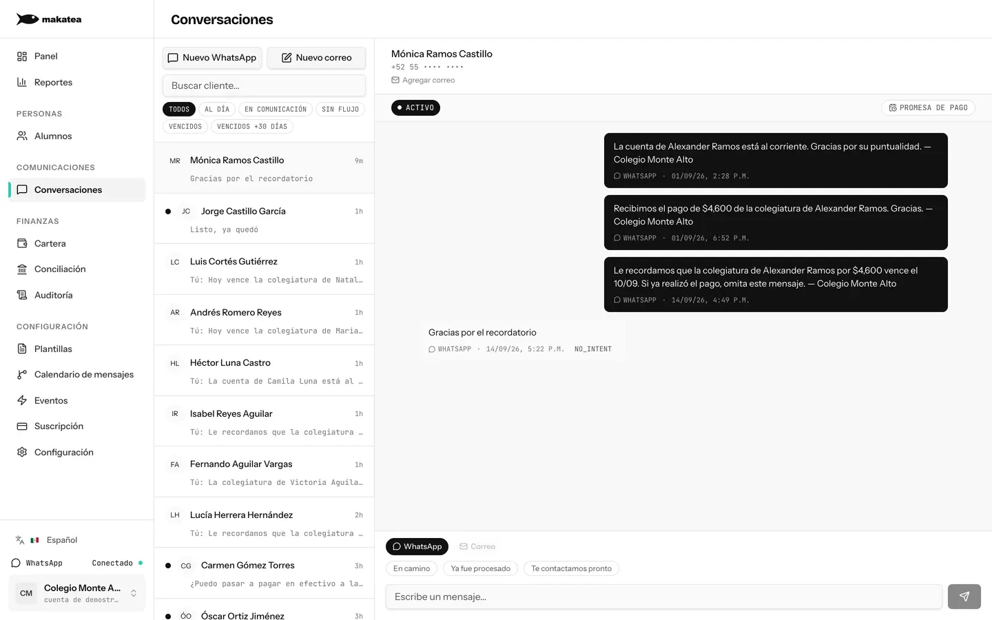 Bandeja de conversaciones de un colegio de demostración, con recordatorios de colegiatura y las respuestas de las familias