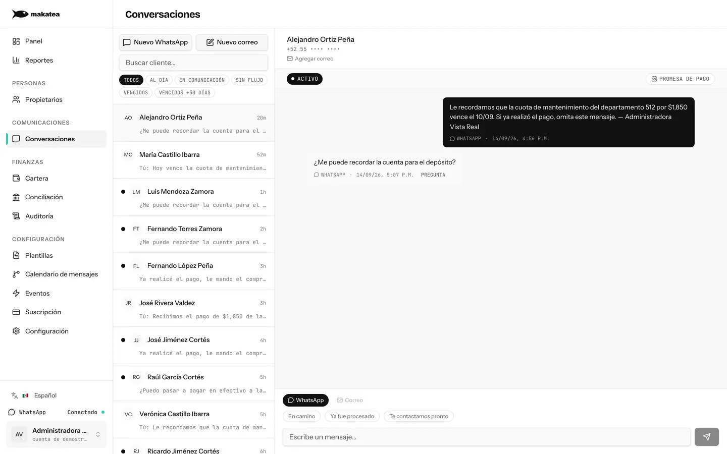 Bandeja de conversaciones en Makatea con las respuestas de los clientes al recordatorio automático