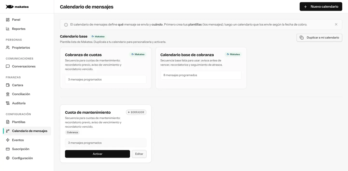 Calendario de mensajes de Makatea con las secuencias base y una secuencia propia en borrador