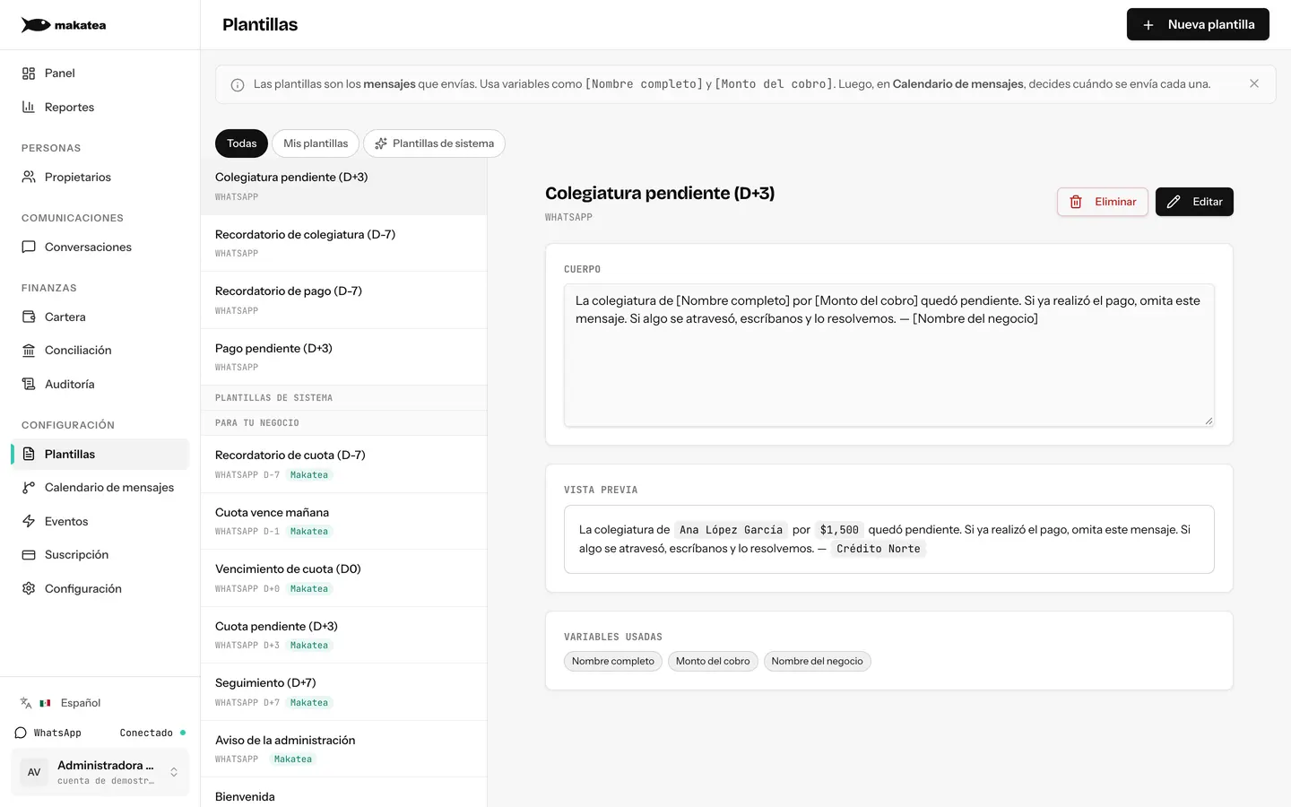Editor de plantillas de Makatea con la lista de plantillas del ciclo, el cuerpo del mensaje y la vista previa con los datos sustituidos
