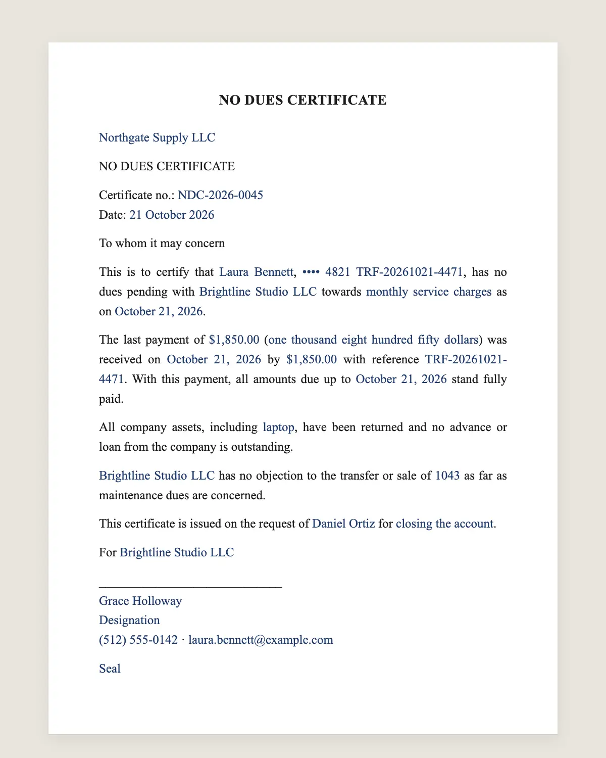 No dues certificate example, filled in with sample data