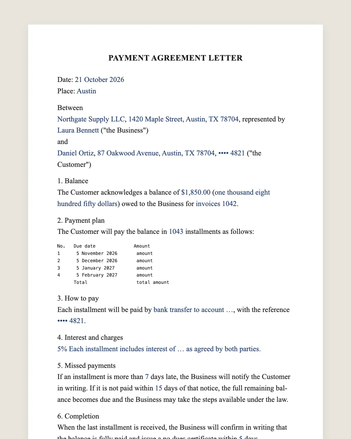 Payment agreement letter example, filled in with sample data