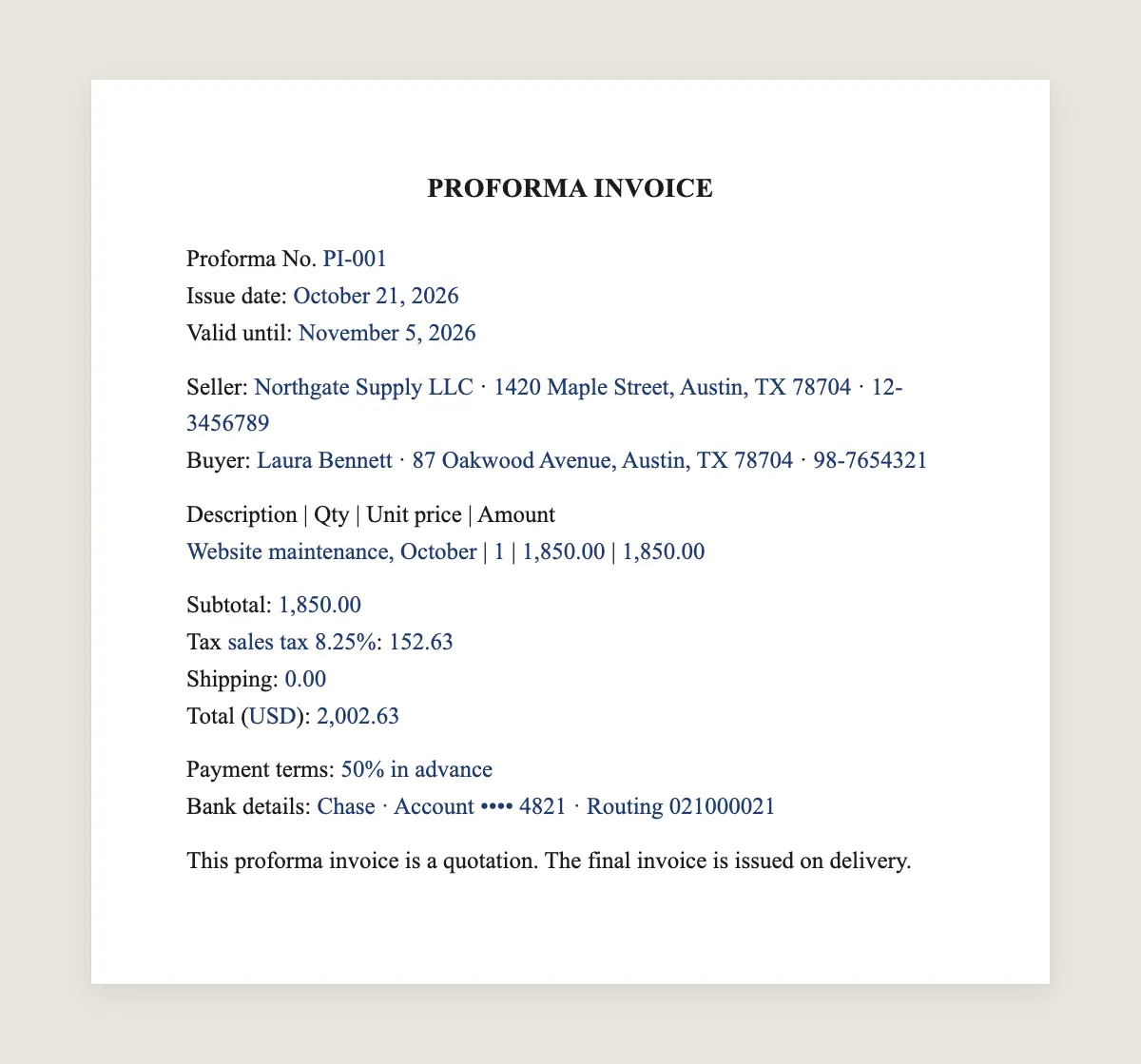 Proforma invoice example, filled in with sample data