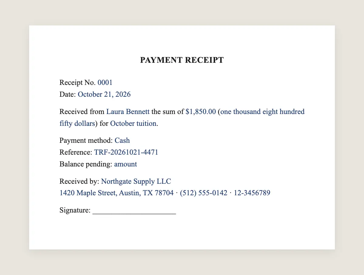 Payment receipt example, filled in with sample data