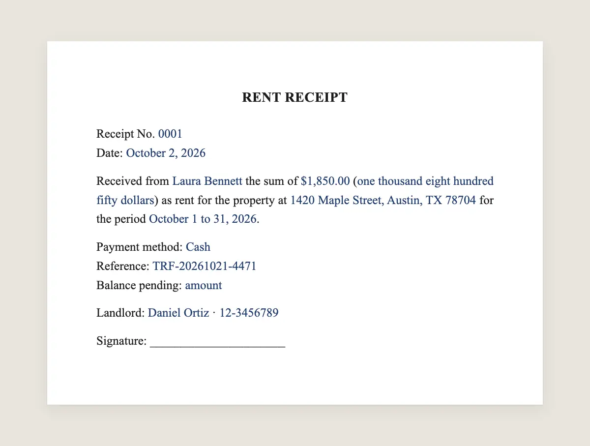 Rent receipt example, filled in with sample data