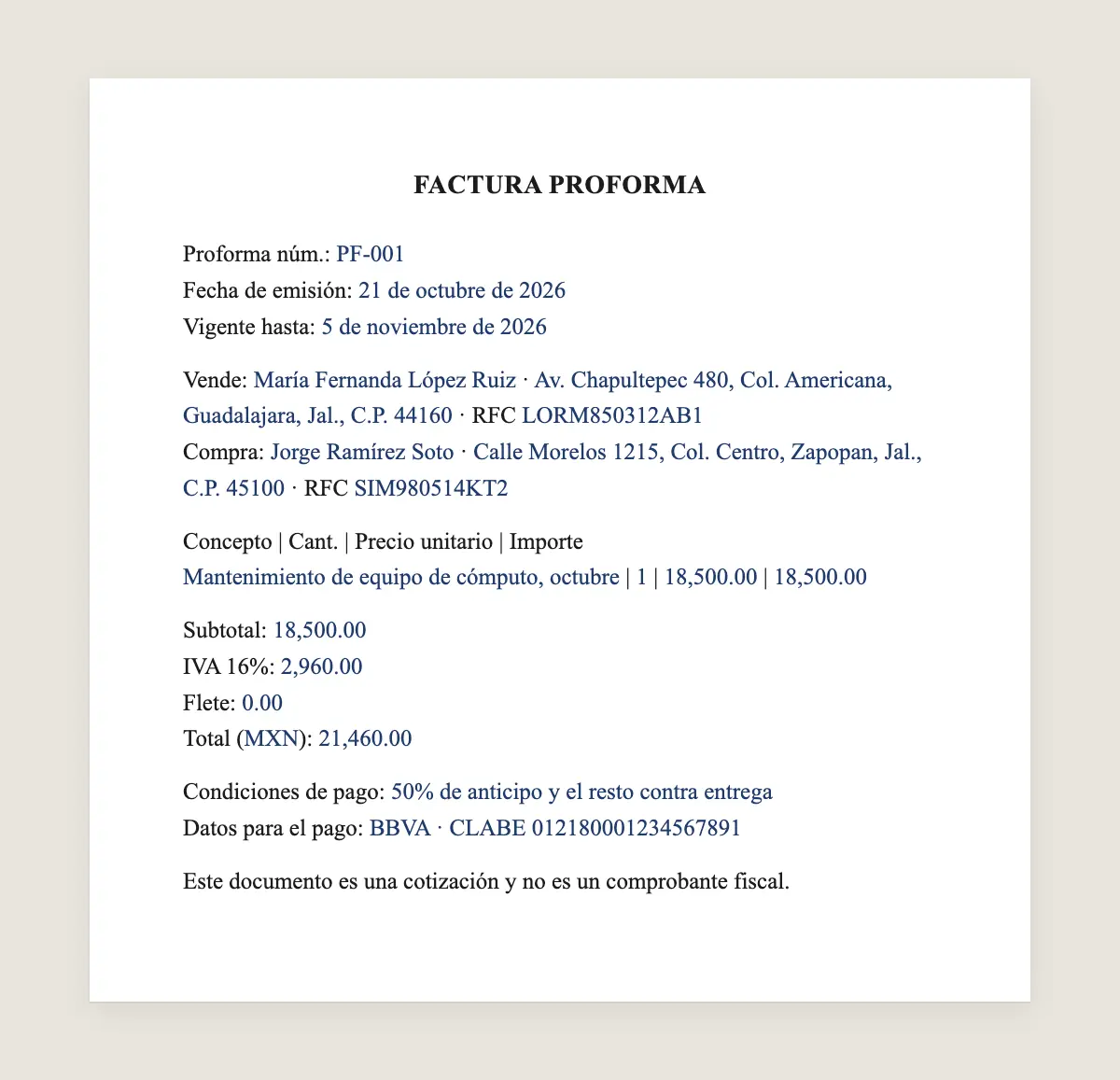 Ejemplo de factura proforma llenado con datos de muestra