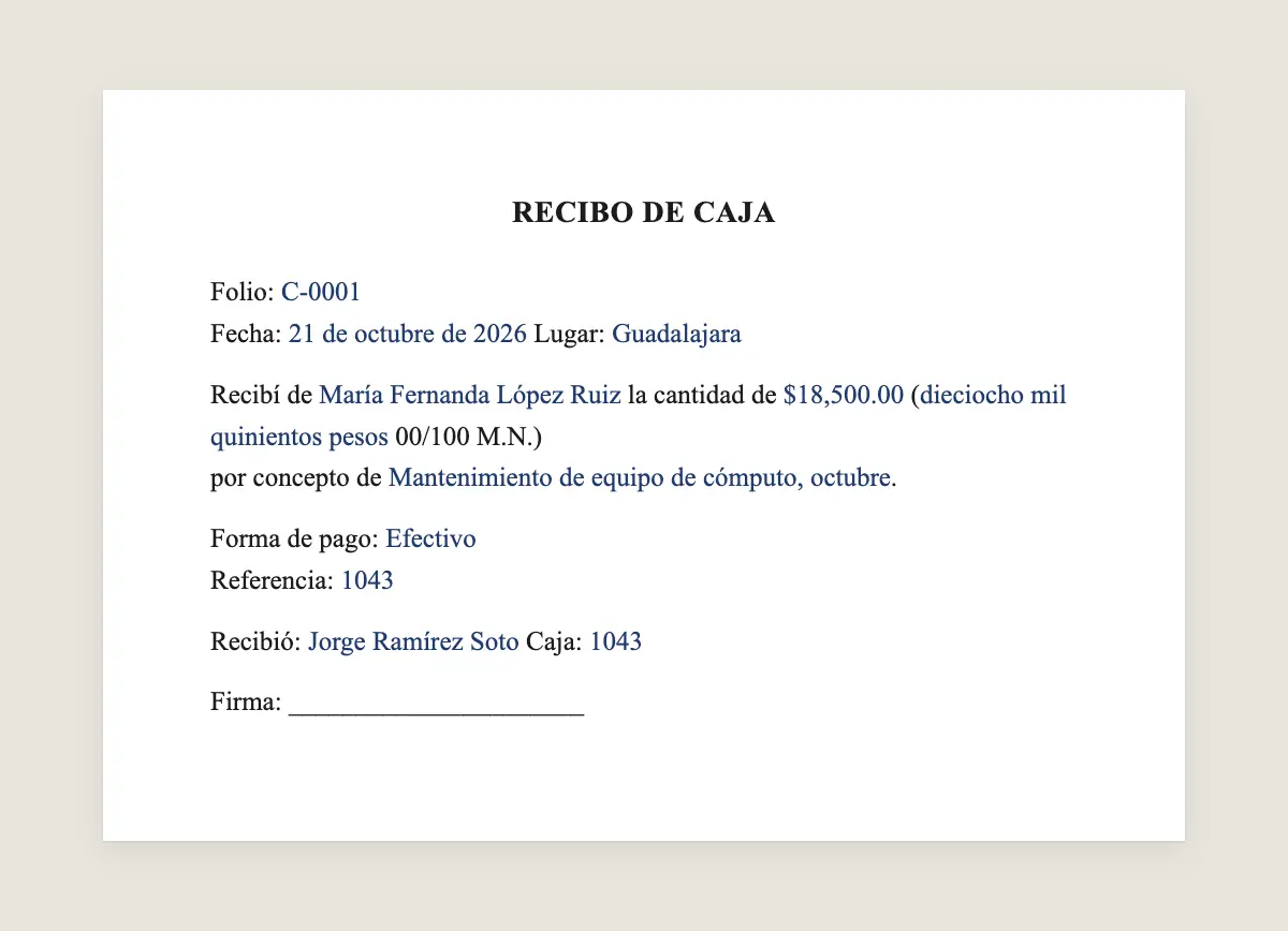 Ejemplo de recibo de caja llenado con datos de muestra