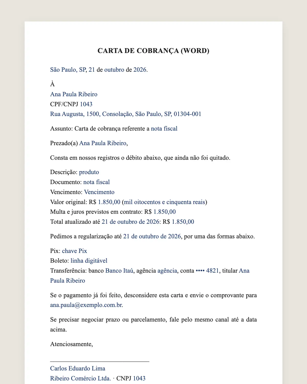 Exemplo de carta de cobrança (word) preenchido com dados fictícios