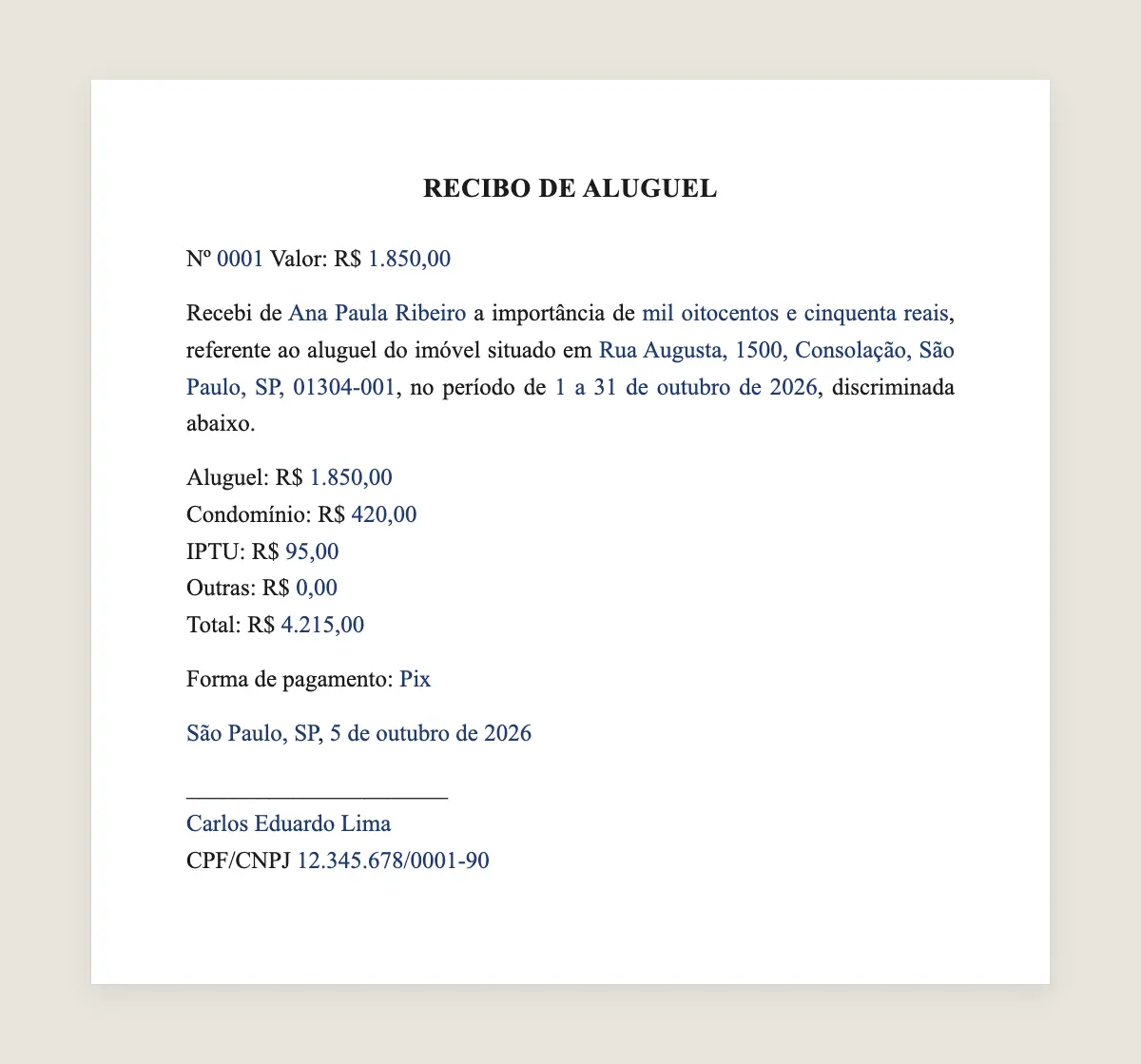 Exemplo de recibo de aluguel preenchido com dados fictícios