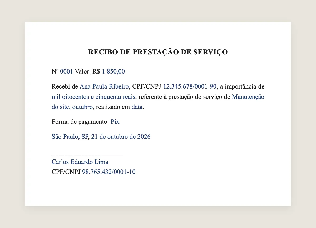 Exemplo de recibo de prestação de serviço preenchido com dados fictícios